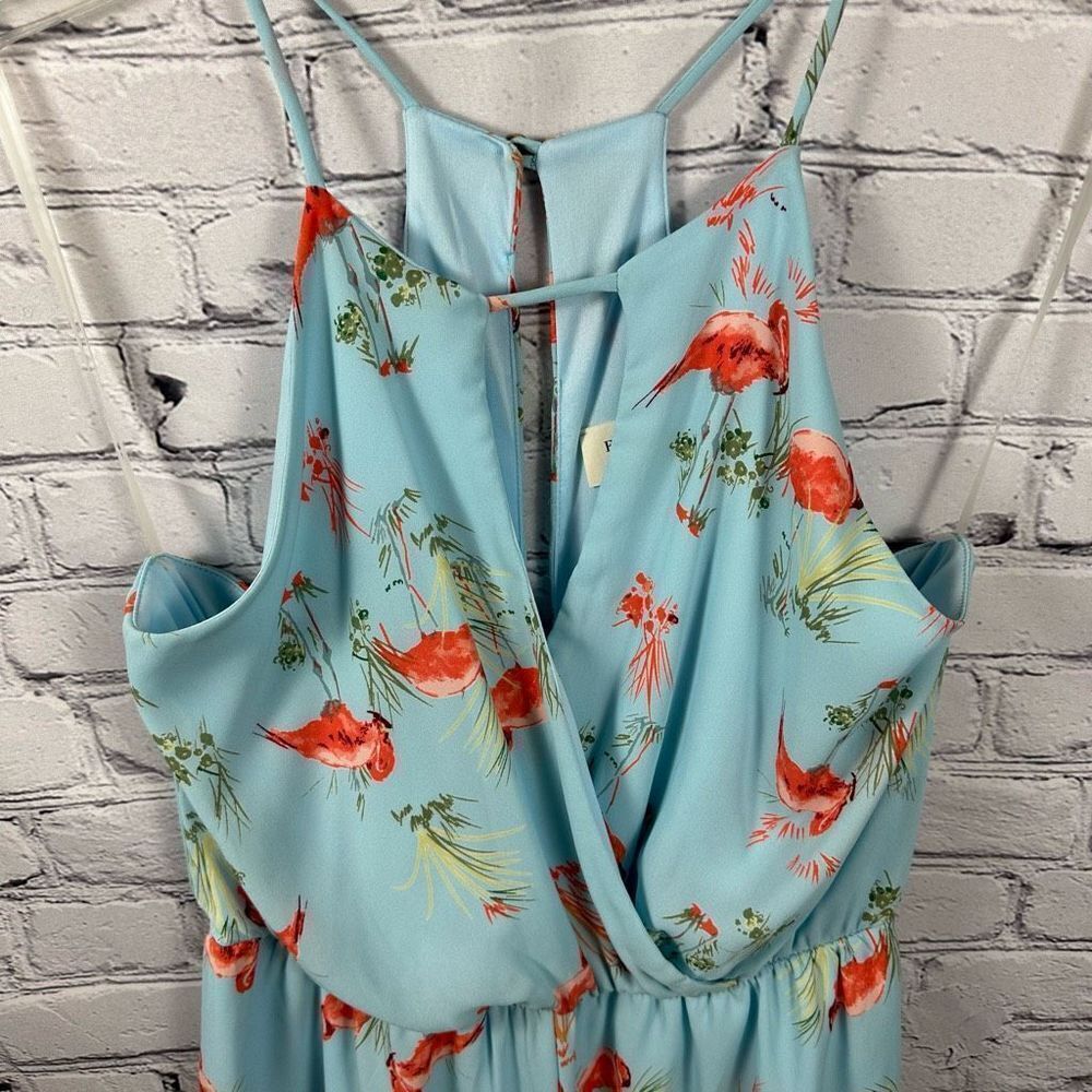Everly Romper Blue with Flamingos Surplice Front Spaghetti Straps Summer L - Picture 6 of 8